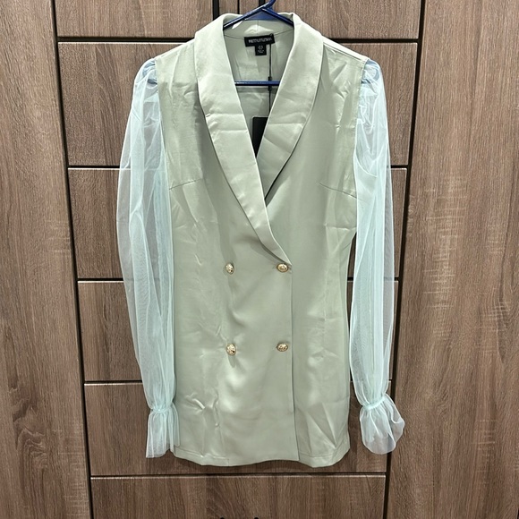 Sage Green Button Up Organza Sleeve Blazer Dress - Picture 2 of 5